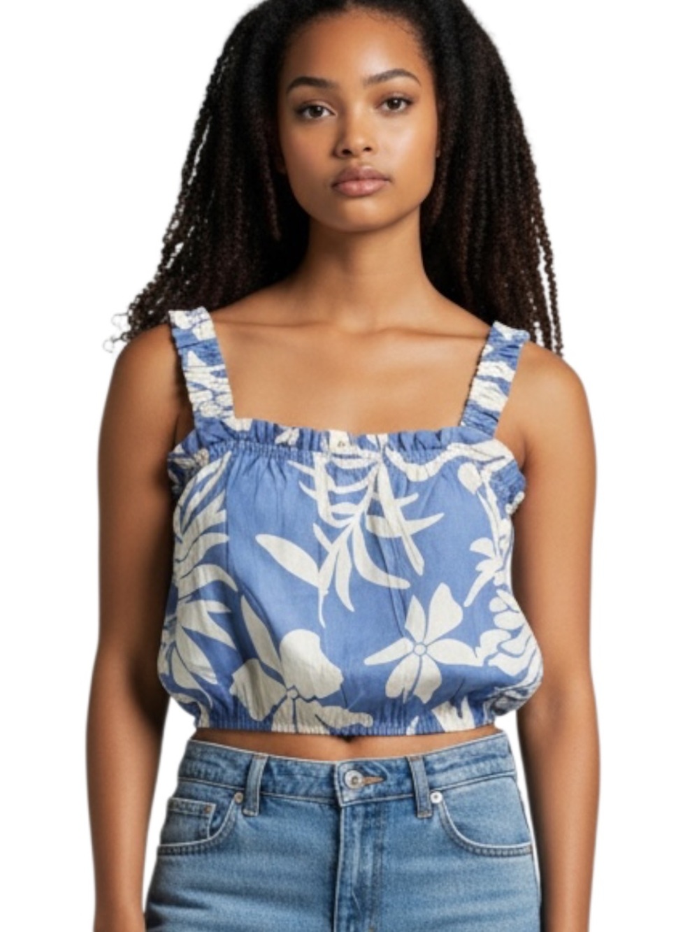 Salty Lemon Blue Floral Square-Neck Cropped Camisole Top